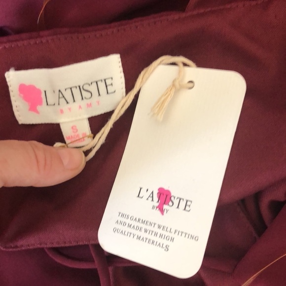 NEW L’Atiste by Amy Burgundy Wide Leg Jumpsuit Cutouts Halter Fully Lined Size S - Picture 14 of 16